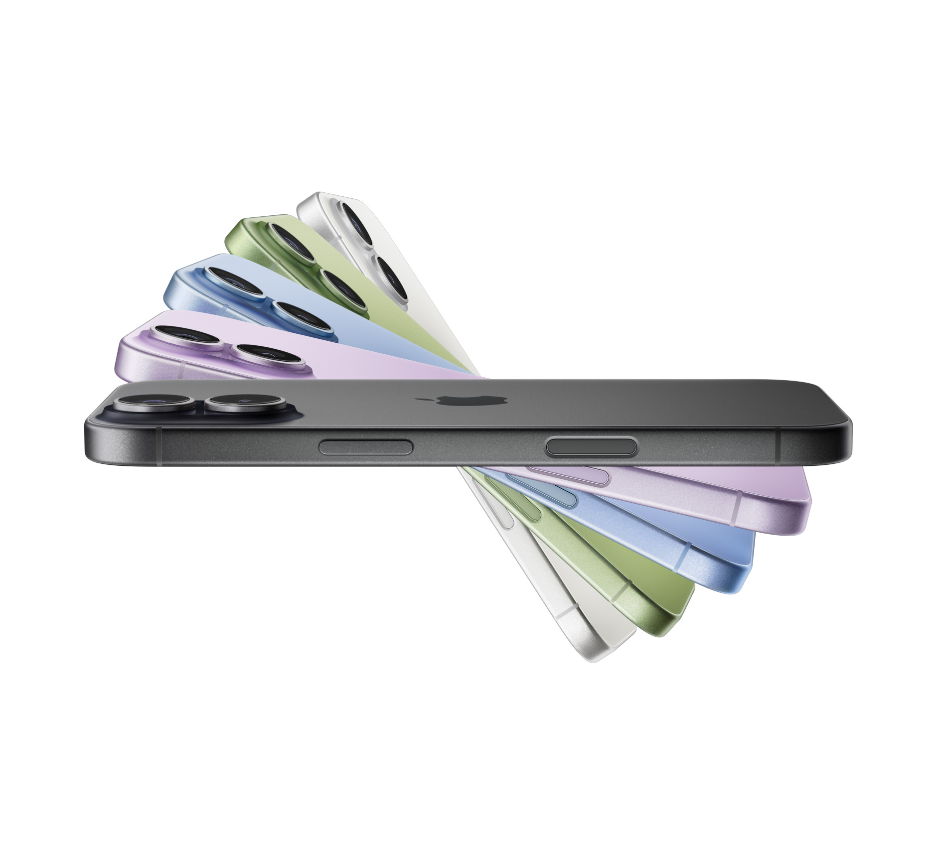 iPhone 17 devices fanned out, colors: black, lavender, mist blue, sage, white