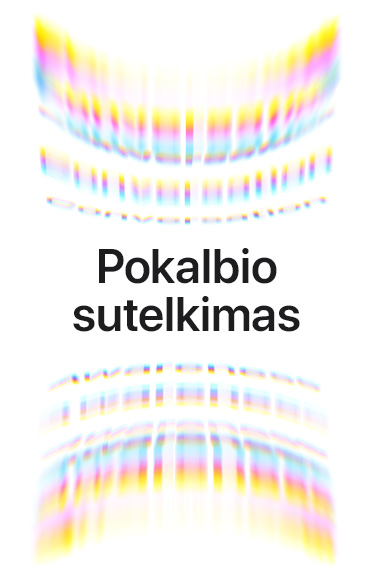 Aplinkos garso bangos vaizduojamos spalvingomis arkomis, viršuje ir apačioje, centre pateikiamas tekstas: Pokalbio sutelkimas