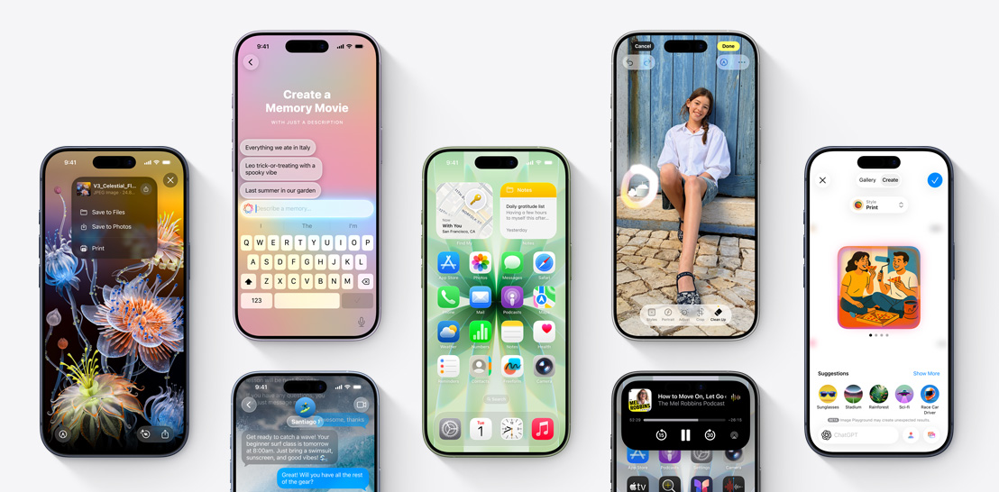 Įvairių modelių „iPhone 17“ ir „17 Pro“ įrenginiai su skirtingais ekranais, kuriuose demonstruojamos „iOS 26“ ir „Apple Intelligence“ funkcijos