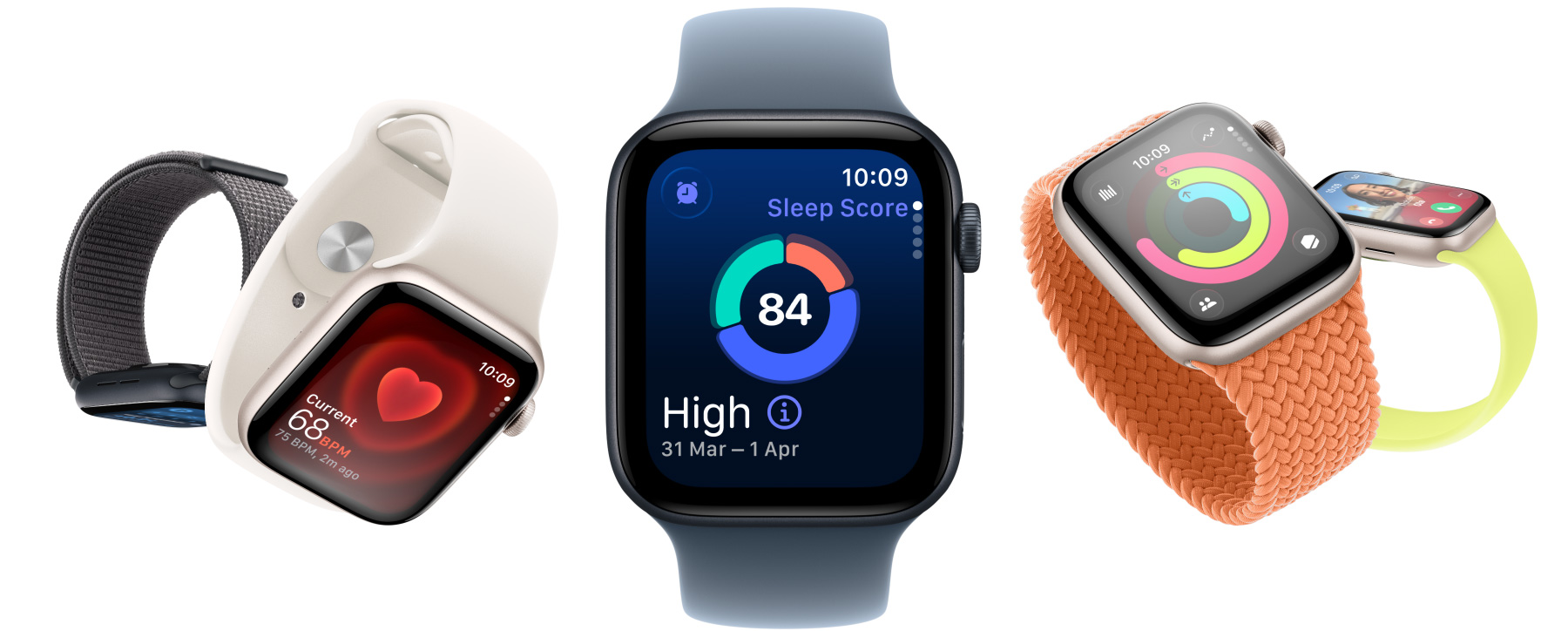 Apple Watch SE 3 with aluminum cases available in starlight and midnight colors, featuring apps such as Vitals, Heart Rate, sleep score, Activity rings, and incoming call