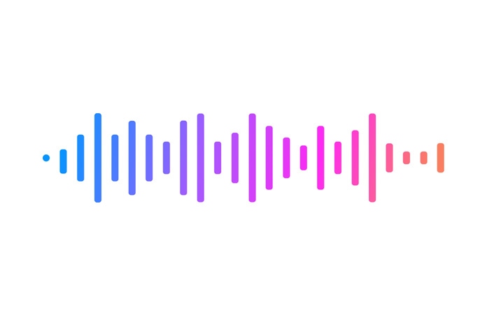 Multicolored audio wave, hues change from blue to purple to pink to orange