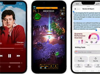 أجهزة iPhone 17e جنباً إلى جنب تعرض شاشات مختلفة: متصفح الويب سفاري، وأدوات الكتابة، ولعبة قيد التشغيل، وتطبيق Apple Music، ورمز جنموجي يتم إنشاؤه.
