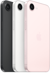 iPhone 17e, side and back exterior, black color, side and back exterior, white color, side and back exterior, soft pink color, Fusion camera at top, side button