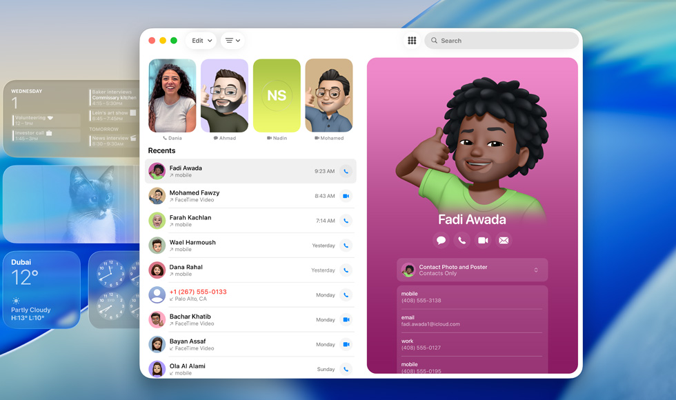 Lock screen with FaceTime app open, list of recent calls next to contact card with Genmoji and person's name