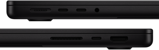 Showing the ports on MacBook Pro — left side: MagSafe 3, two Thunderbolt ports, and headphone jack — right side: SDXC card slot, one Thunderbolt port, and HDMI