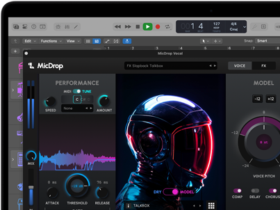 Screen content demonstrating MicDrop software using AI features to edit a vocal recording on a MacBook Pro