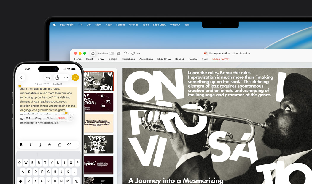 iPhone 16 Plus with text highlighted in the Notes app, MacBook Pro with a Microsoft PowerPoint slide open, text from Notes app is visible on the slide