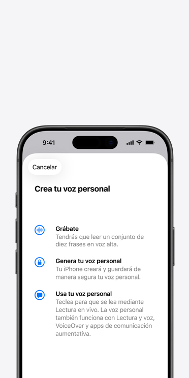 Pantalla de un iPhone 17 Pro que muestra la funcionalidad Voz Personal con instrucciones sobre cómo crearla