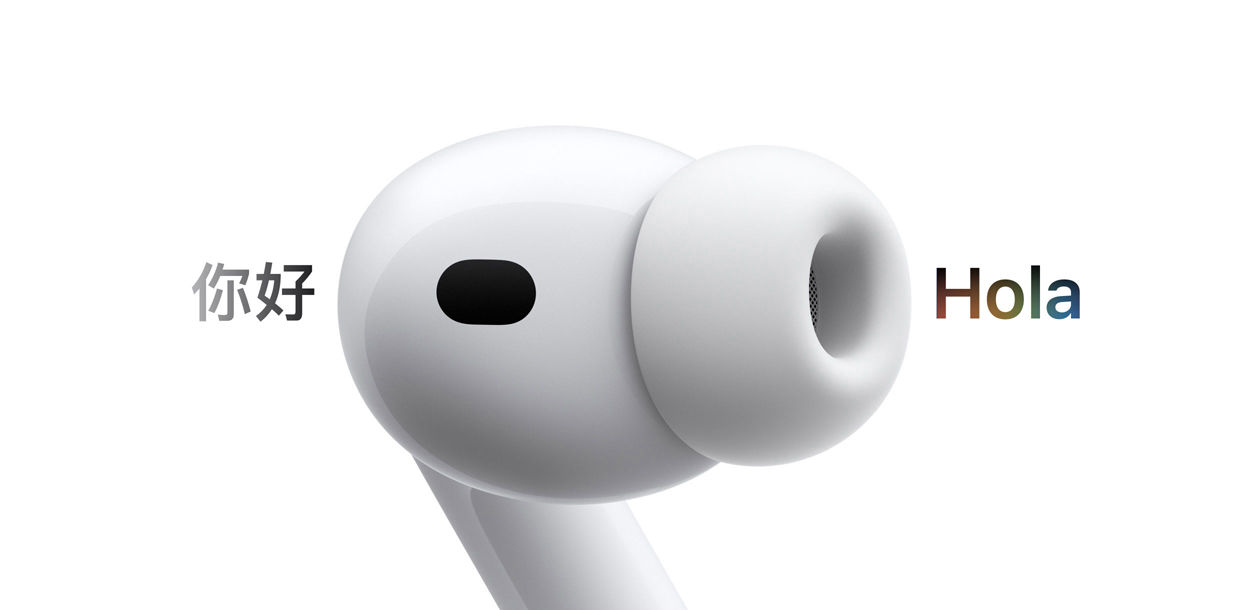 AirPods Pro 3, audífono con almohadilla de silicón, Traducción en Vivo cambia los caracteres en inglés que dicen 'hello' a un texto en español que dice 'hola'