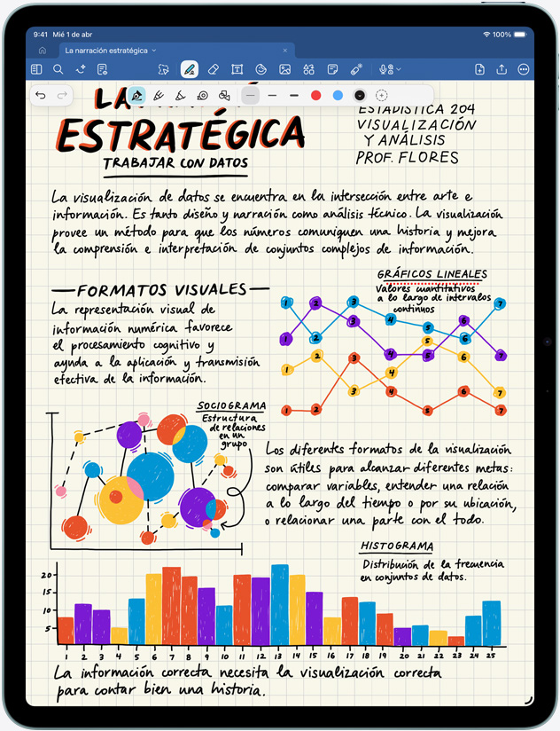 iPad Air en posición vertical, notas e imágenes en la pantalla