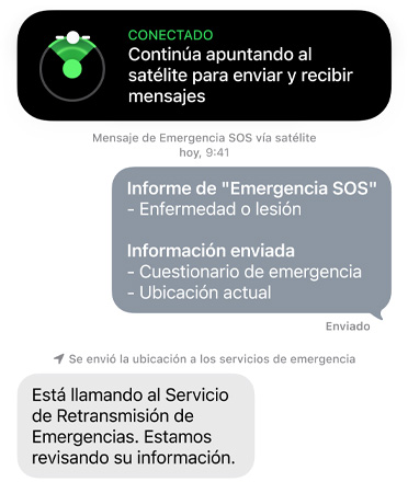 Funcionalidad Emergencia SOS vía satélite en uso, contactando a los servicios de emergencia para pedir ayuda para una persona enferma o herida