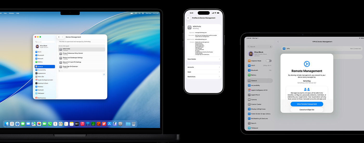 A display of three Apple devices: On the left, a Mac computer shows a Device Management window. In the center, an iPhone displays MDM (Mobile Device Management) profile settings. On the right, an iPad presents a Remote Management window.