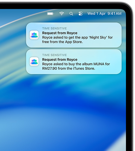 Two macOS notifications in the top-right corner of a Mac screen, each showing purchase requests, the first for Night Sky from the App Store, the second for the album MUNA from the iTunes Store