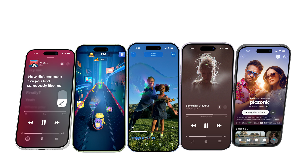 iPhone 17 devices in different colors, screens showing various apps