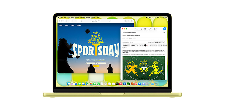 Multiple apps open on MacBook Neo including Safari and Mail, showing a flyer that reads "The fourth annual cultural sports day".