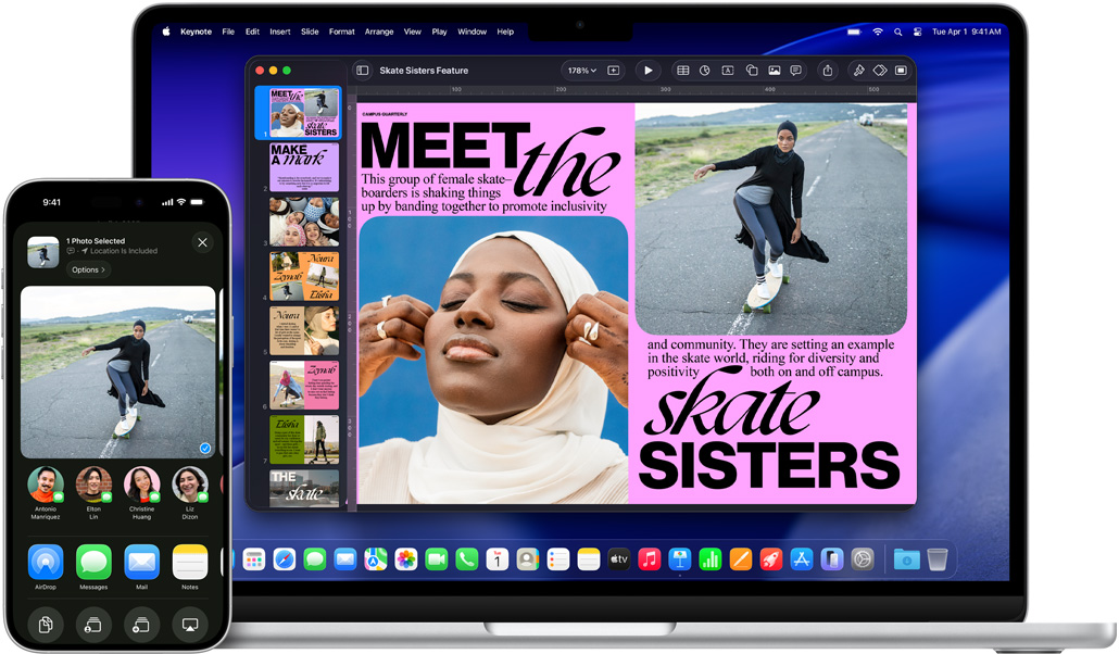 iPhone 16 Plus with Photo app open, 13-inch MacBook Air with a Keynote slide open, same photo from iPhone visible on slide