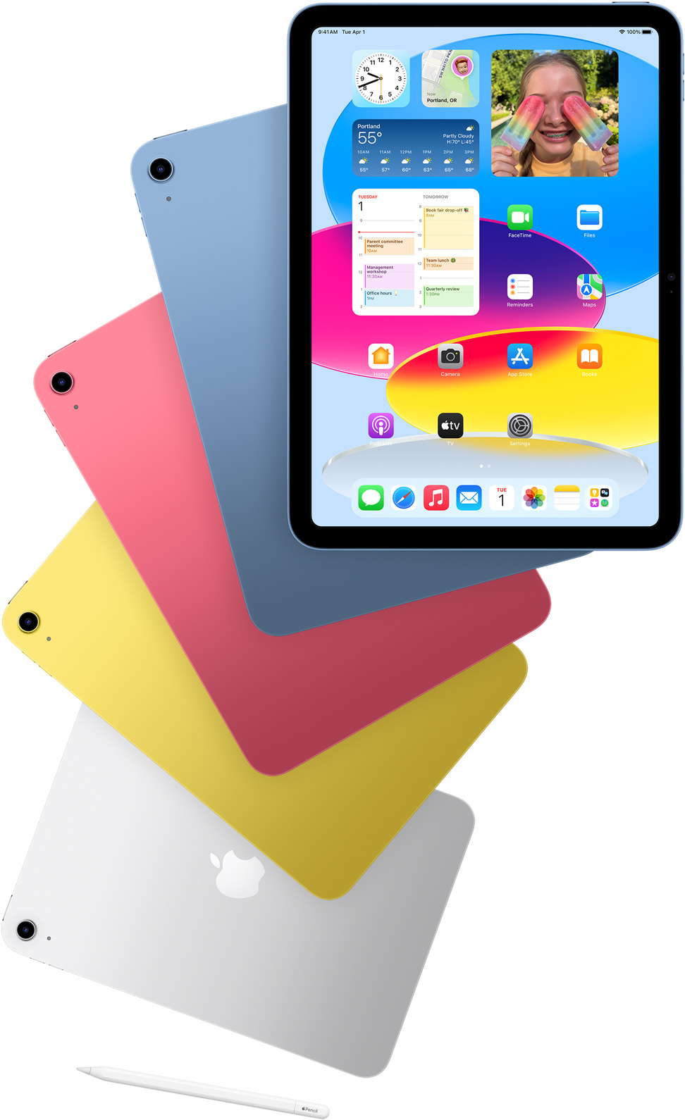 Widoczny od przodu iPad z włączonym ekranem początkowym i wyłaniające się zza niego zwrócone tyłem iPady w kolorach niebieskim, czerwonym, żółtym i srebrnym. Przy ułożonych kaskadowo iPadach leży Apple Pencil.