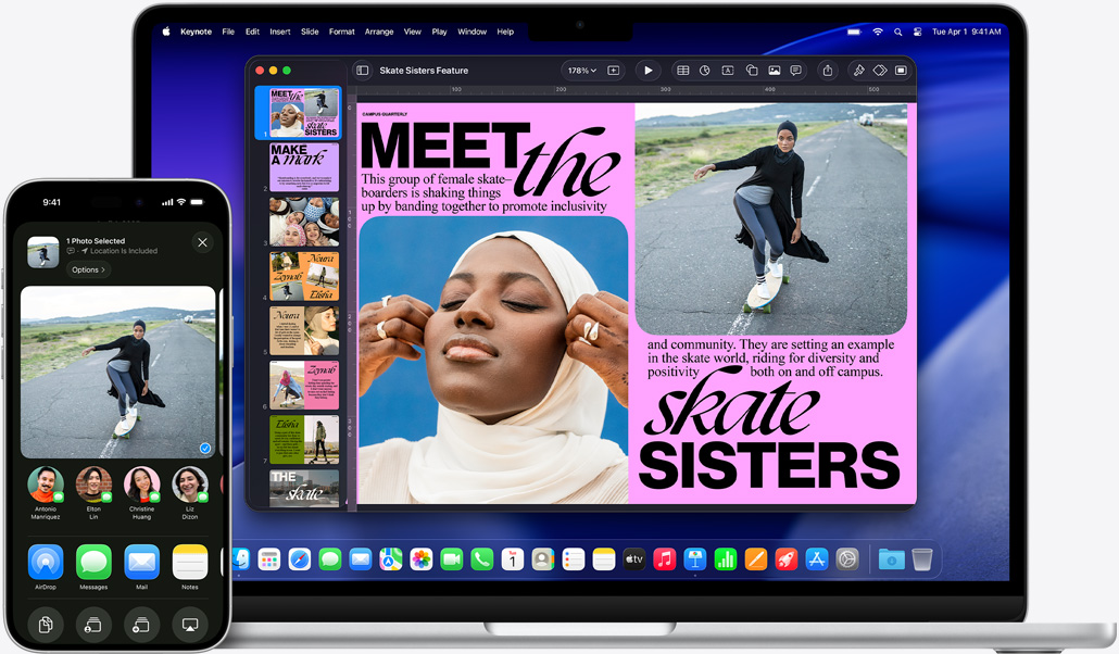 iPhone 16 Plus z otwartą aplikacją Zdjęcia, 13‑calowy MacBook Air z otwartym slajdem Keynote, na slajdzie zdjęcie z iPhone’a