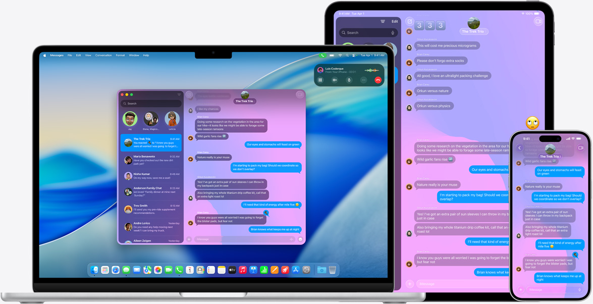 Produkty Apple: 15‑calowy MacBook Air, 13‑calowy iPad Pro i iPhone 16 Plus; na każdym ekranie widać tę samą rozmowę w iMessage