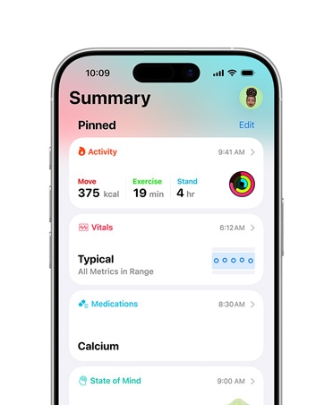 Rezumat de sănătate fixat pe iPhone