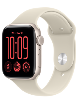 Apple Watch SE 3, carcasă din aluminiu, culoare Miezul nopții, cadran Flux, partea exterioară dreaptă, Digital Crown, microfon, buton lateral, curea Sport Miezul nopții