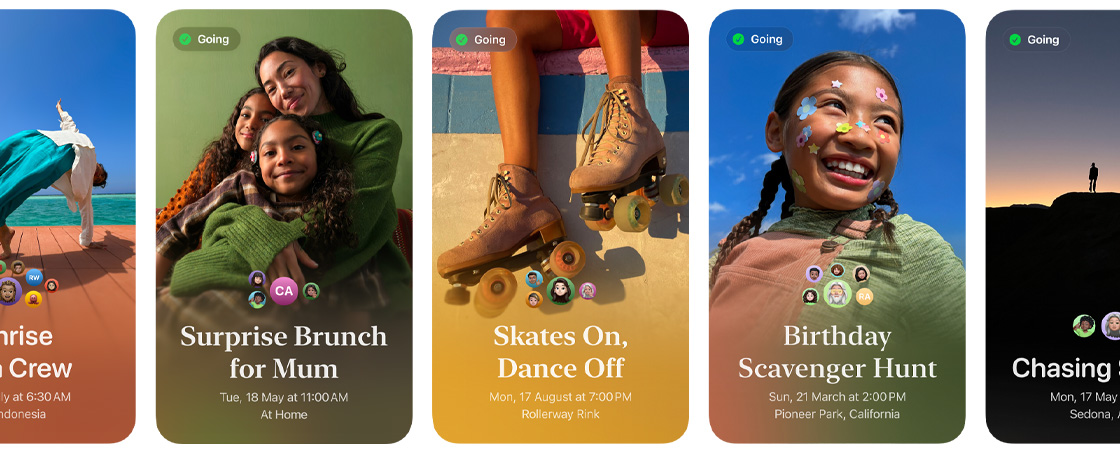 Row of Apple Invites featuring colourful custom photography for events called Surprise Brunch for Mum; Skates On, Dance Off; and Birthday Scavenger Hunt