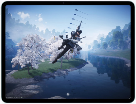 iPad Air, front exterior, displaying gameplay scene of action game Control
