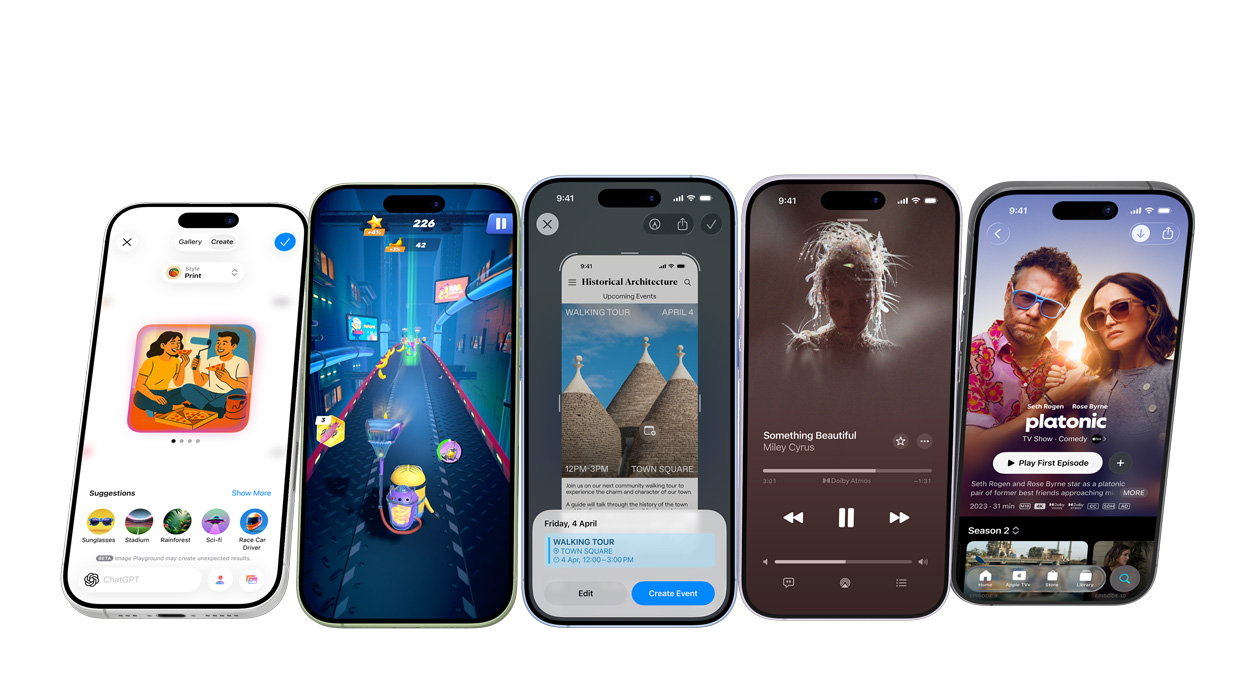 iPhone 17 devices in different colours, screens showing various apps