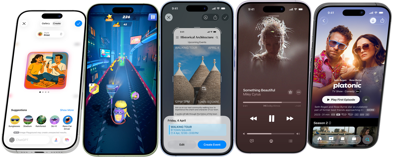 iPhone 17 devices spinning end over end, stopping on screens showing iPhone features