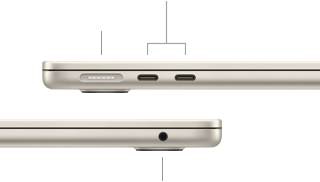 Pohľad na zatvorený MacBook Air, vľavo konektor MagSafe a dva porty Thunderbolt, vpravo konektor na slúchadlá