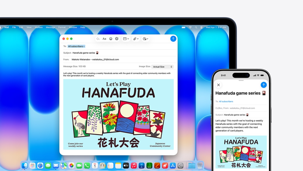 MacBook Neo, indigová farba, vedľa iPhonu. Obe obrazovky zobrazujú ten istý e-mail s oznámením podujatia v komunitnom centre.