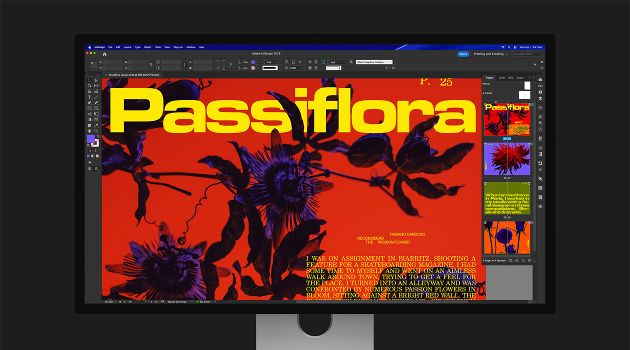 Súbor apky Adobe InDesign 2026 s časopisom v žiarivých farbách, čo znázorňuje farebné priestory P3 a Adobe RGB