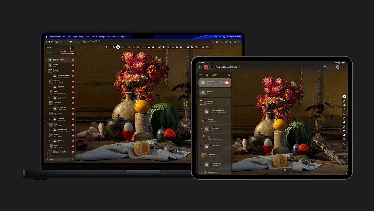 หน้าจอของ MacBook Pro รุ่น 16 นิ้ว และ iPad Pro รุ่น 13 นิ้ว, Pixelmator Pro, ภาพวาดสีของดอกไม้และอื่นๆ, ชุดเครื่องมือเลเยอร์ทางด้านซ้าย