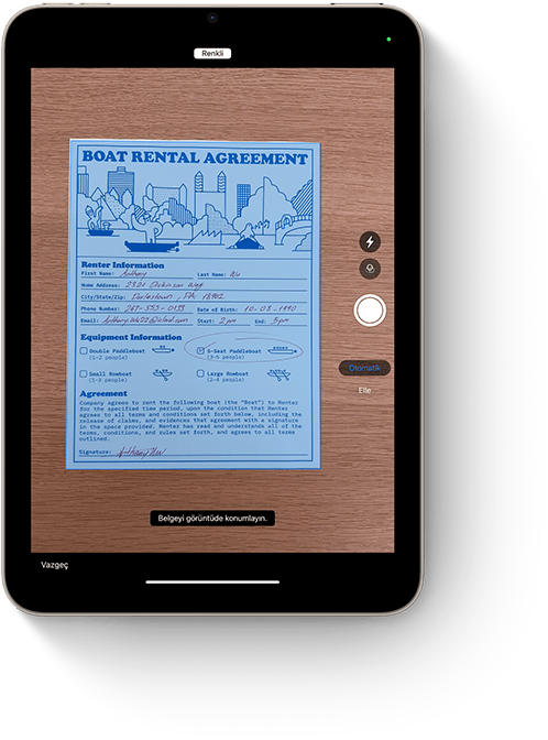 iPad mini’de Notlar uygulamasındaki belge tarama özelliği gösteriliyor.
