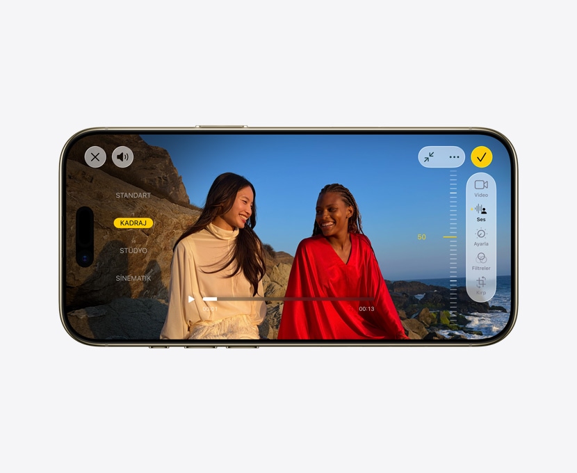 iPhone Air’in önden dış görünümü, Pro video ve Ses Miksi özellikleri kullanımda