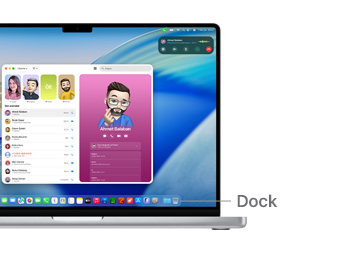 14 inç MacBook Pro’da macOS gezinme turu; Dock’un yerini gösteren bir çizgi görünüyor.