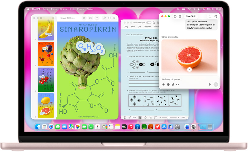 MacBook Neo, pastel pembe renk, greyfurt görseli oluşturmak için ChatGPT kullanılıyor, diğer pencerelerde meyve ve sebzelerle ilgili moleküler bileşiklerin görsellerini içeren molekül posterleri başlıklı bir Keynote belgesi ve buna ilişkin bir Microsoft Word belgesi gösteriliyor