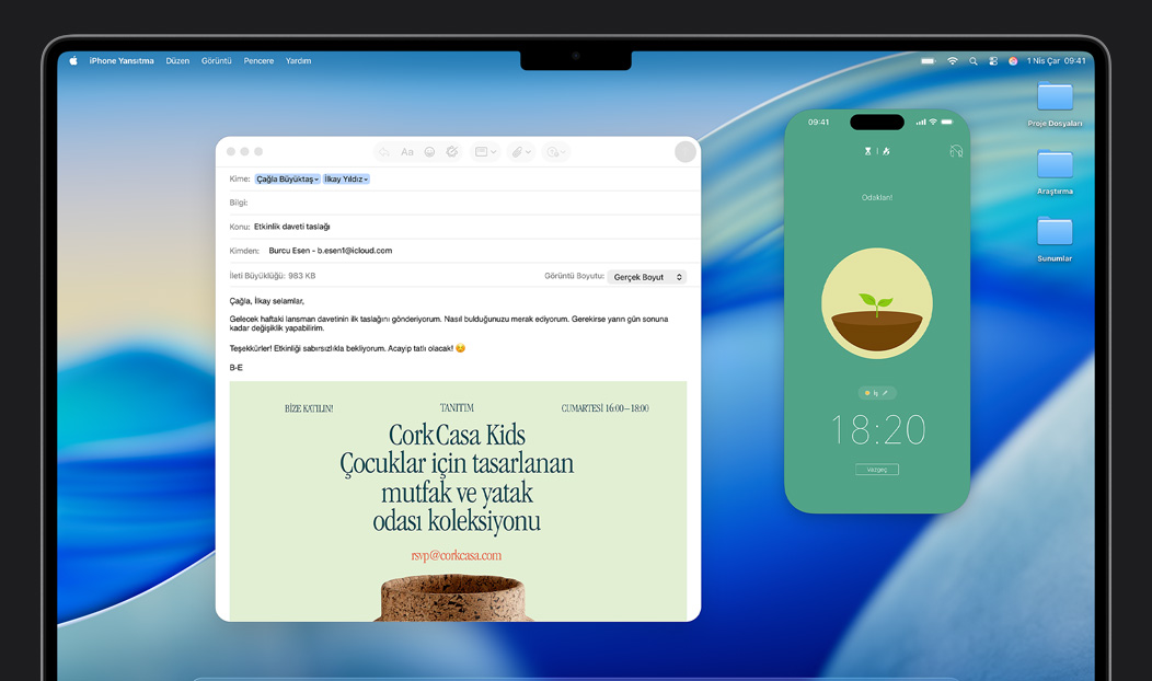 MacBook Pro, Mail uygulaması açık, MacBook Pro ekranına yansıtılan iPhone ekranında Forest uygulaması gösteriliyor