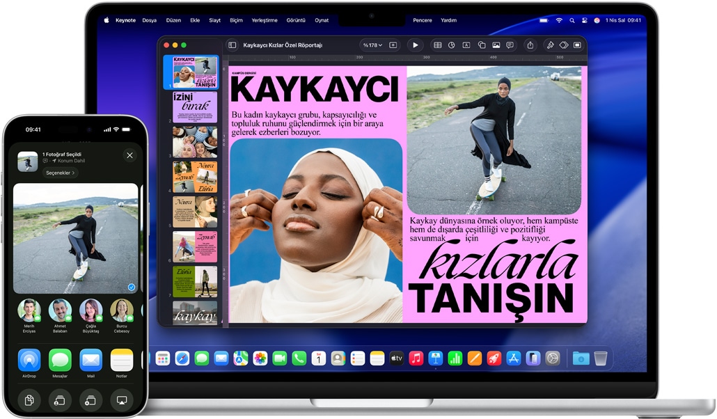 iPhone 16 Plus’ta Fotoğraf uygulaması açık, 13 inç MacBook Air’de bir Keynote slaytı açık, slaytta iPhone’daki aynı fotoğraf görünüyor