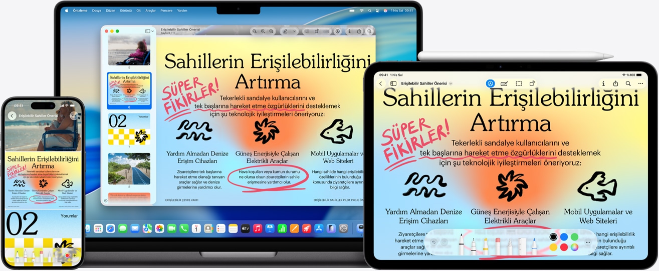 Birden fazla Apple aygıtı, her aygıtta aynı görsel, iPad’deki görsel üzerinde işaretleme yapmak için bir Apple Pencil kullanılmış, işaretleme diğer aygıtlarda da görünüyor