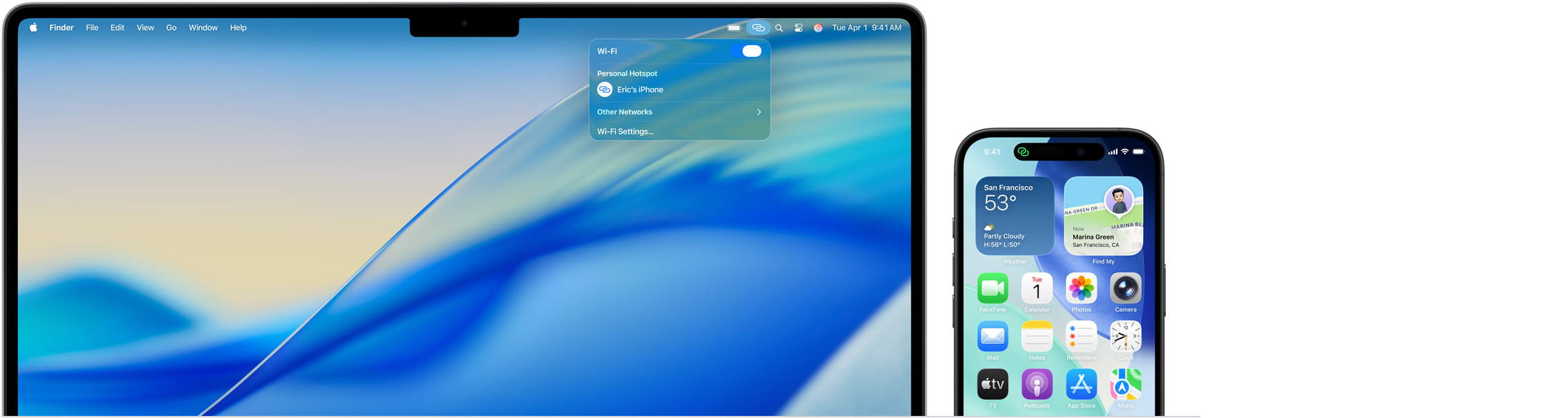14 吋 MacBook Pro，選單列中的控制中心已打開，個人熱點連接顯示為 Eric 的 iPhone。iPhone 16 螢幕左上角顯示綠色的個人熱點指示器