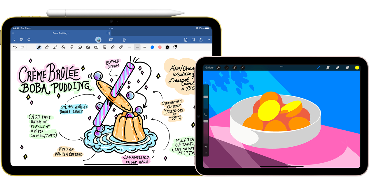 On left, iPad, landscape orientation, displaying a graphic with notes and a drawing with Apple Pencil USB-C attached at top. On right, iPad mini, landscape orientation, showing a colourful illustration made with ProCreate.
