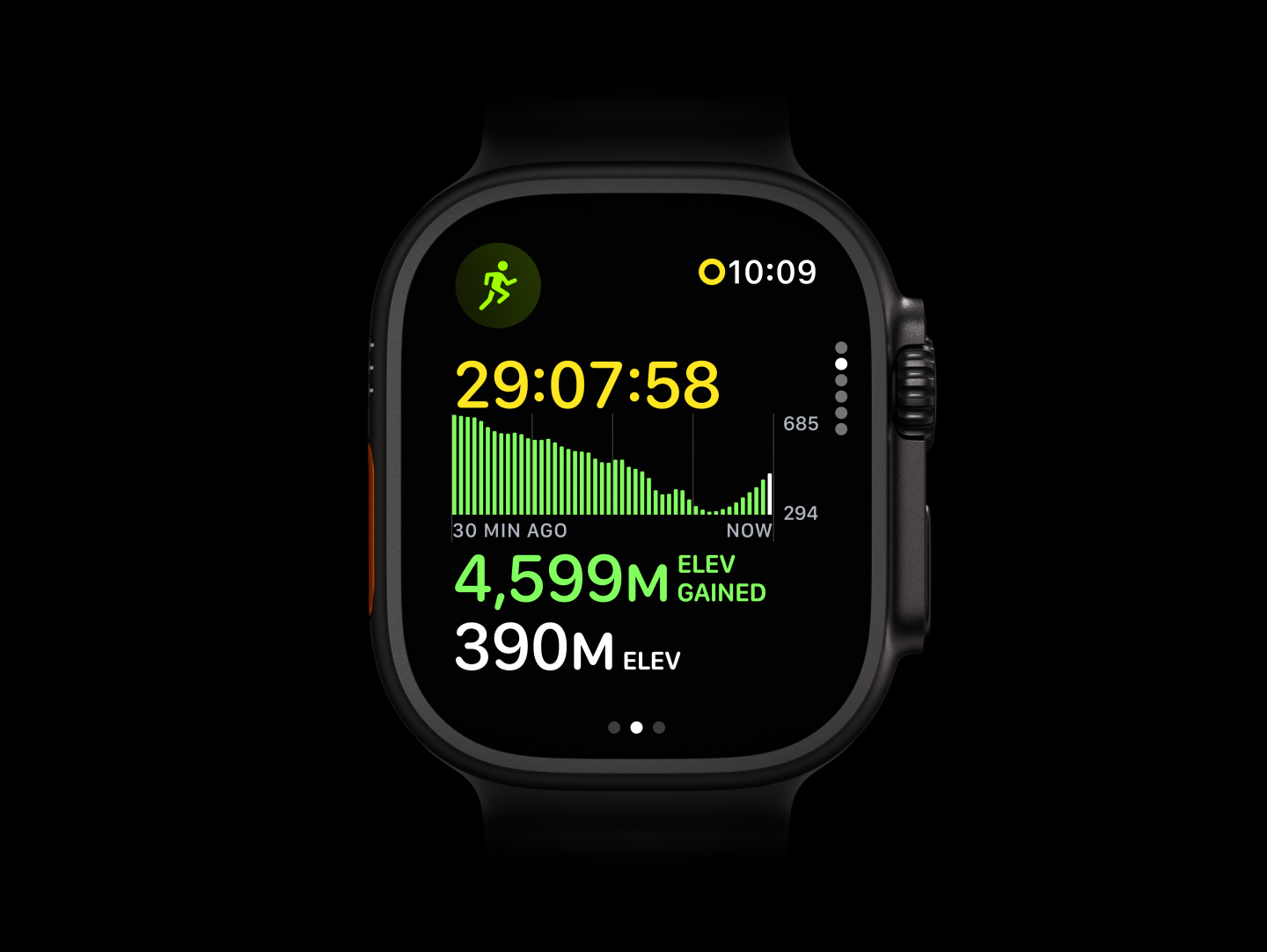 Apple Watch Ultra 4, titanium case, black colour, Outdoor Run Workout showing a graph of elevation gained, right side exterior, Digital Crown, raised side button, translucent grey Ocean Band