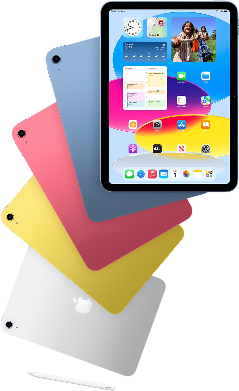 Front view iPad shows the Home Screen with blue, pink, yellow and silver rear-facing iPads. An Apple Pencil sits near the arranged iPad models.