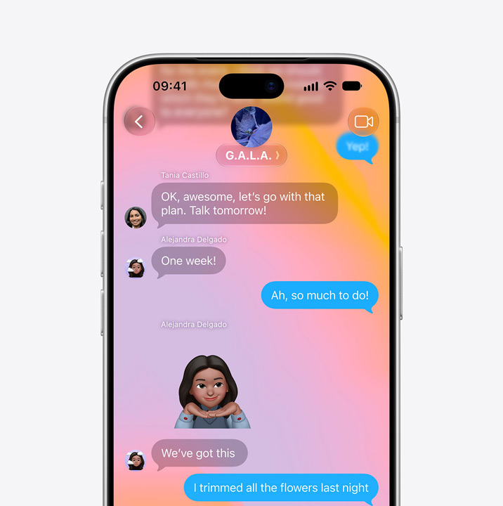 iPhone screen open to Messages app. Screen shows text conversation between two people that includes a Memoji.