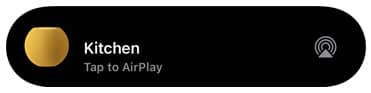 An AirPlay graphic showing music being played to a HomePod mini called kitchen