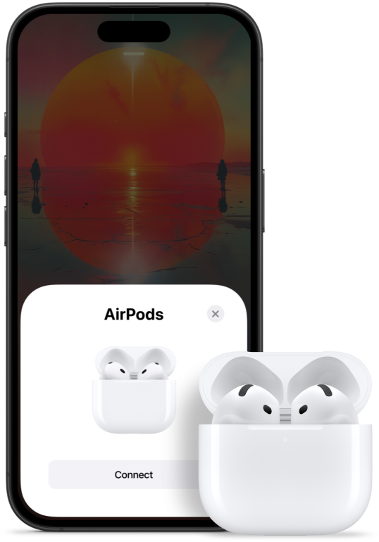 Otvorené nabíjacie puzdro s vloženými AirPods 4 vedľa iPhonu ukazujúceho, že AirPods 4 sú pripojené.