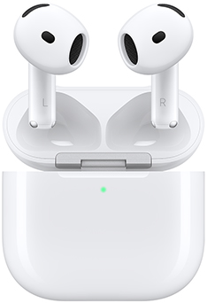 AirPods 5: white colour, oval-shaped earbuds, short stems, charging case, seamless construction with speaker opening, external LED power indicator, lid open, attached by silver hinge