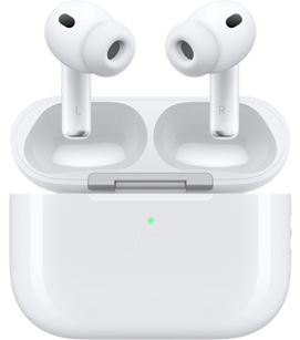 سماعات AirPods Pro 3 في علبة شحن مع غطاء مفتوح، الجهة الخارجية الأمامية، لون أبيض
