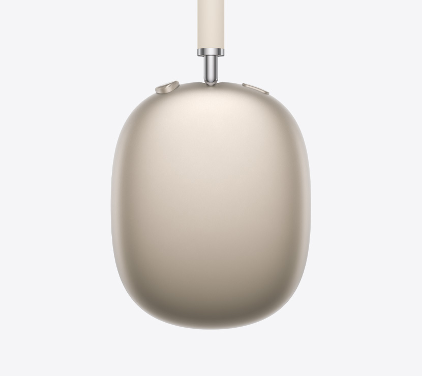 AirPods Max 2 headphones, side exterior, starlight colour, detail of telescoping arm, ear cushion, Digital Crown and noise control button